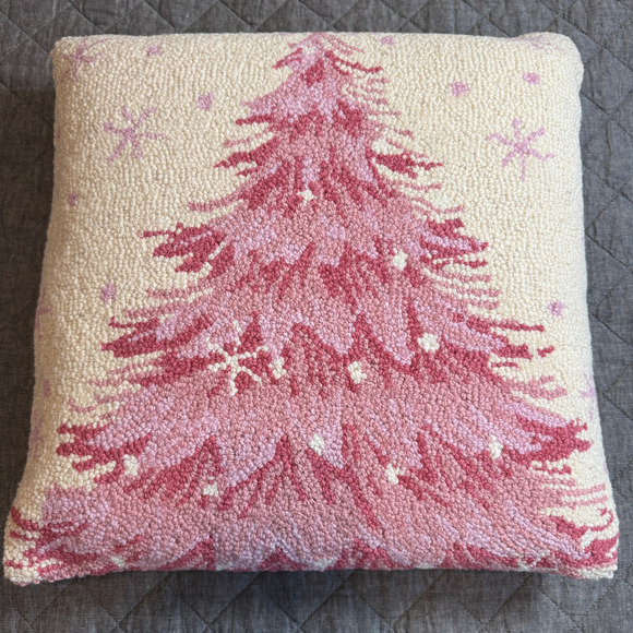 100% Wool Pink Christmas Tree Hook Pillow with Cream Velvet Backing NEW - Picture 3 of 9